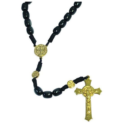 Saint Benedict Black Wood Rosary, Gold-tone