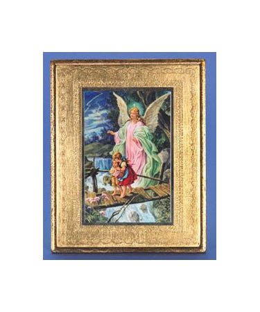 Gold Leaf Florentine Plaque with Guardian Angel- 10-inch Made in Florence, Italy