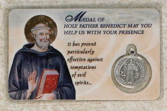 25-Pack - Laminated Saint Benedict Prayer Card with Saint Benedict Pendant