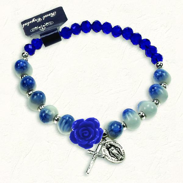 Blue and White Stretch Bracelet with Crystals and Blue Rose Shaped Resin Bead