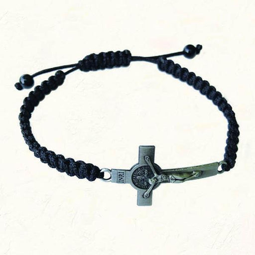 Black Slip knot bracelet with Antique Silver-tone St. Benedict Cross