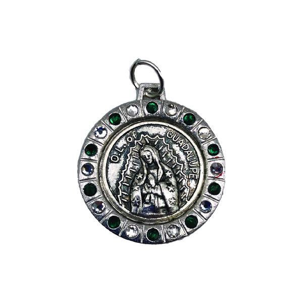 Round Silver-tone Lady of Guadalupe Medal with Green/Clear Crystals