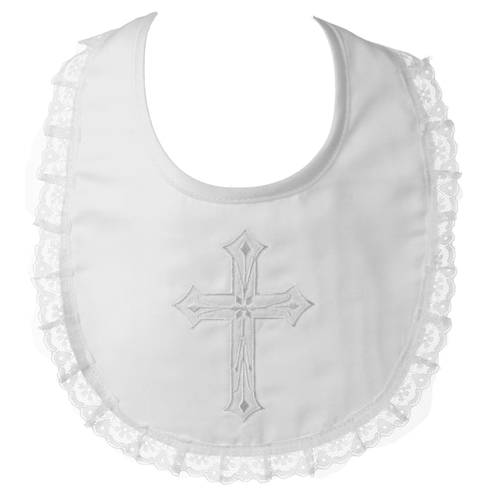 Baptism Satin with embroidered cross and shirred lace trim