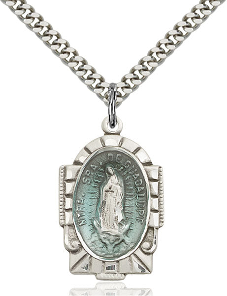 Sterling Silver Our Lady of Guadalupe Blue Epoxy Pendant