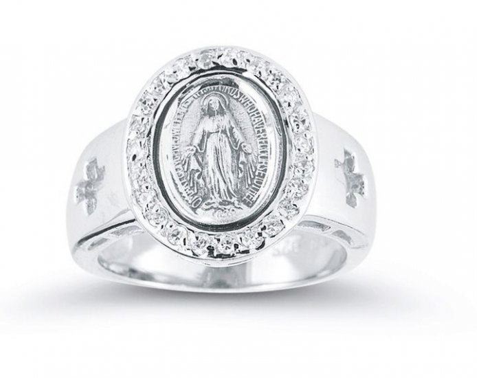 Sterling Silver Miraculous Medal Crystal Cubic Zircon Ring Size 6