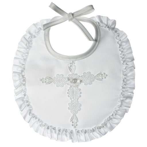 Baptism Satin bib with venise cross and lace trim