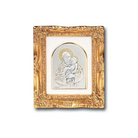 Antique Gold Leaf Resin Frame with Sterling Silver Saint Anthony Image
