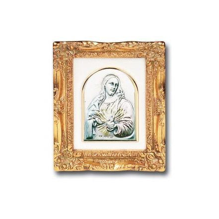 Antique Gold Leaf Resin Frame with Sterling Silver Sacred Heart of Jesus Image
