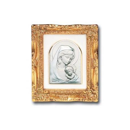 Antique Gold leaf Resin Frame with Sterling Silver Madonna and Child Image