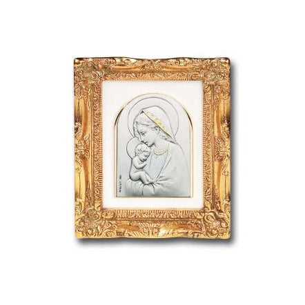 Antique Gold leaf Resin Frame with Sterling Silver Blessed Mother and Child Image