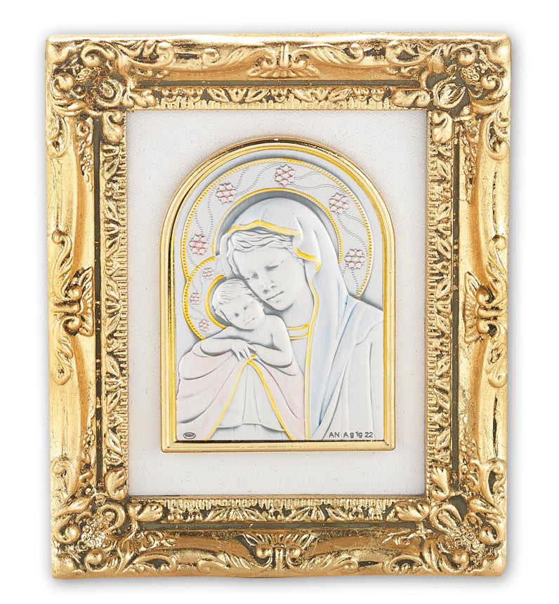 Antique Gold leaf Resin Frame with Sterling Silver Madonna and Child Image