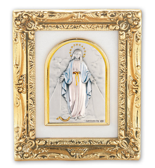 Antique Gold leaf Resin Frame with Sterling Silver Our Lady Miraculous Medal Image