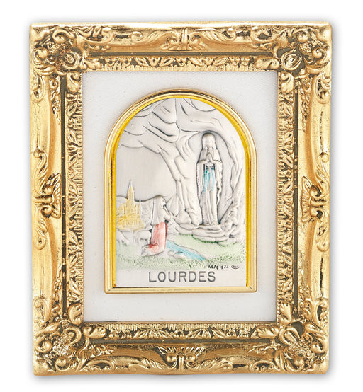 Antique Gold leaf Resin Frame with Sterling Silver Our Lady Lourdes Image