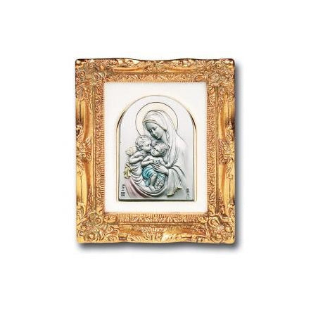Antique Gold leaf Resin Frame with Sterling Silver Madonna and Child w/Angels Image