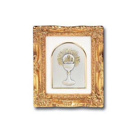 Antique Gold leaf Resin Frame with Sterling Silver Chalice/First Communion Image