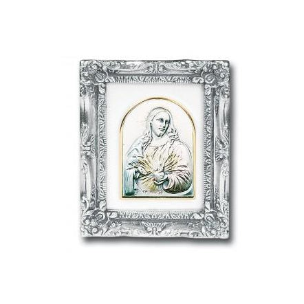 Antique Silver leaf Resin Frame with Sterling Silver Sacred Heart of Jesus Image