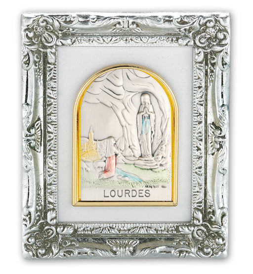 Antique Silver leaf Resin Frame with Sterling Silver Our Lady Lourdes Image