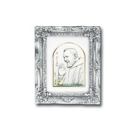Antique Silver leaf Resin Frame with Sterling Silver Saint Pio Image