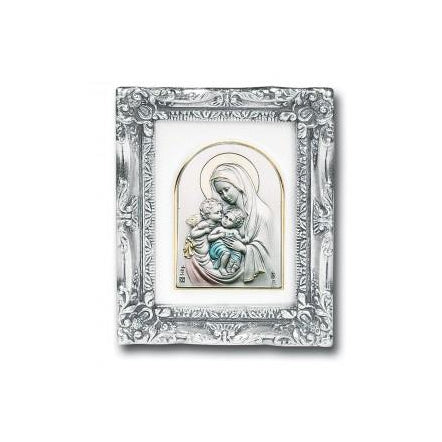 Antique Silver leaf Resin Frame with Sterling Silver Madonna and Child w/Angels Image
