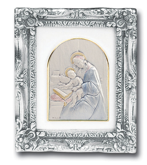 Antique Silver leaf Resin Frame with Sterling Silver Madonna and Child Image