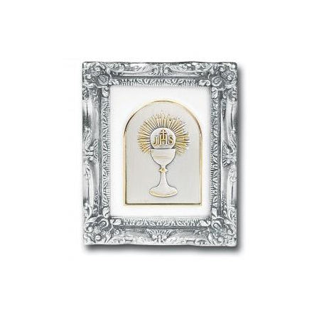 Antique Silver leaf Resin Frame with Sterling Silver Chalice/First Communion Image