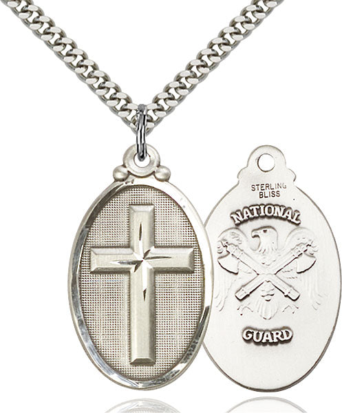 Sterling Silver Cross and National Guard Necklace Set