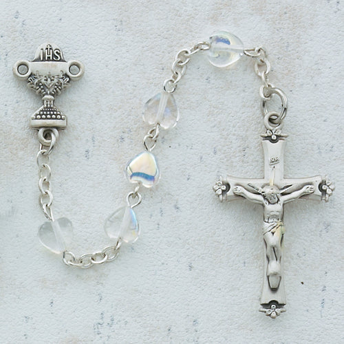 Sterling Silver 6X6 Crystal Heart Communion Rosary