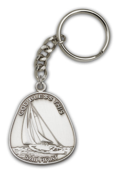 Antique Silver God Bless This Sailboat Keychain