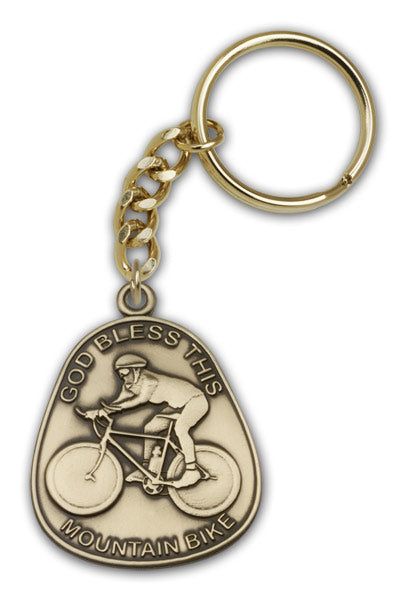 Antique Gold God Bless This Mountain Bike Keychain