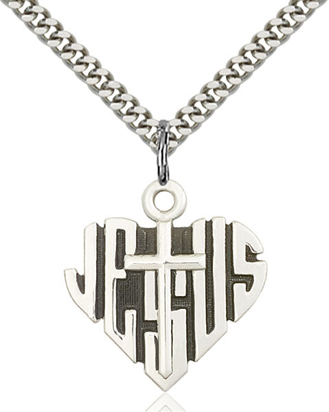 Sterling Silver Heart of Jesus and Cross Necklace Set