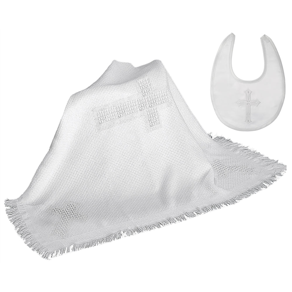 Baptism Acrylic blanket with center Cross and fringes and Cross bib