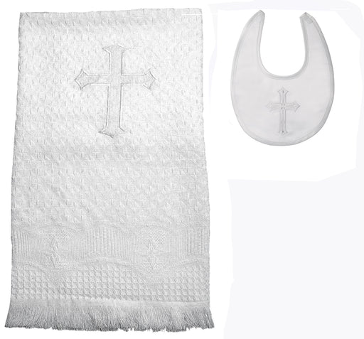 Baptism Acrylic blanket with embroidered cross and boys bib set