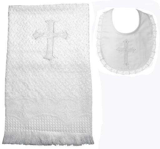 Baptism Acrylic blanket with embroidered cross and girls lace bib set