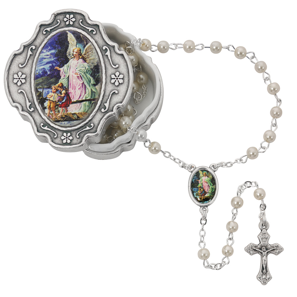 Guard. Angel Pearl Rosary with Box