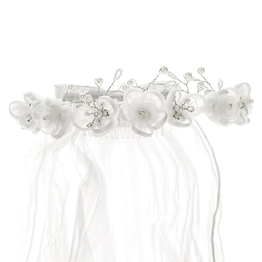 First Communion Organza Corsage Floral Wreath Veil with streamers