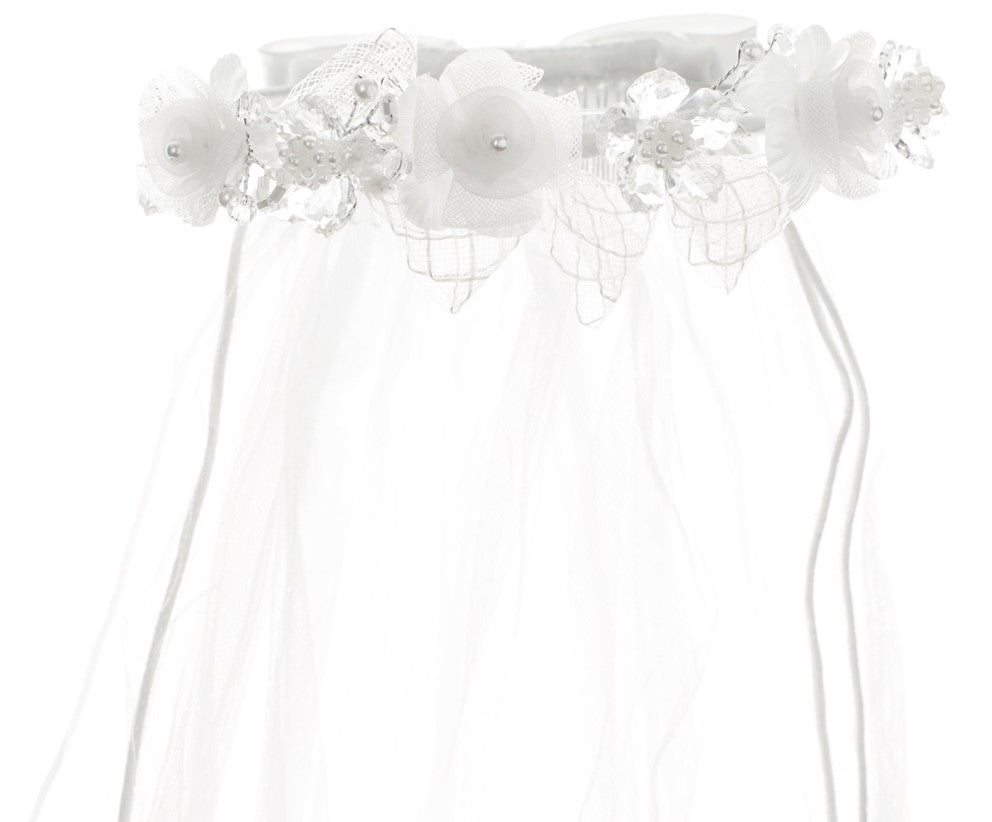 Crystal and Organza Floral Wreath Veil with Lace Bow