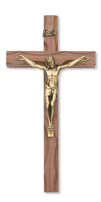 10-inch Carved Walnut Crucifix Gold
