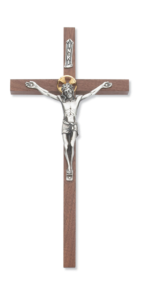 10-inch Walnut Crucifix with Gld Halo