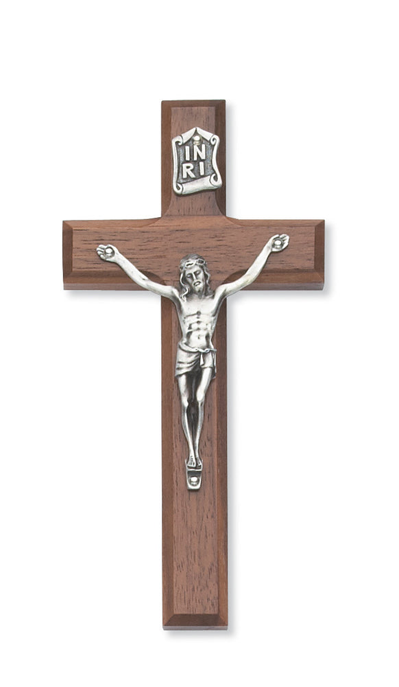6-inch Beveled Walnut/Silver Crucifix