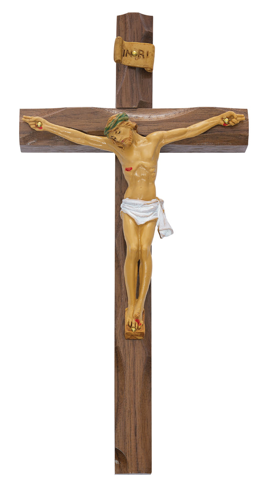 10-inch Carved Walnut Crucifix Resin
