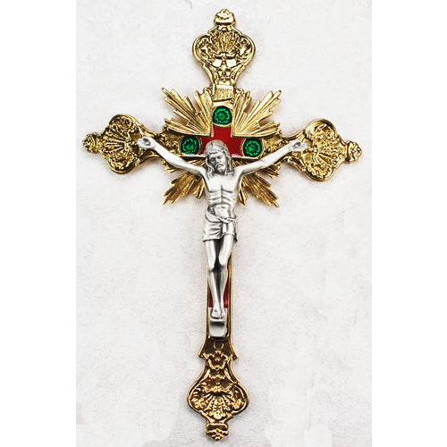 8-inch Sterling Silver Crucifix with Red&Green