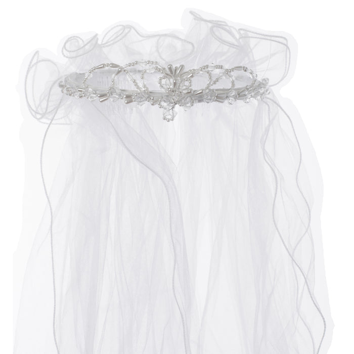 First Communion Pearl Trim Arched Princess Veil with Wired Ruffled Pouf