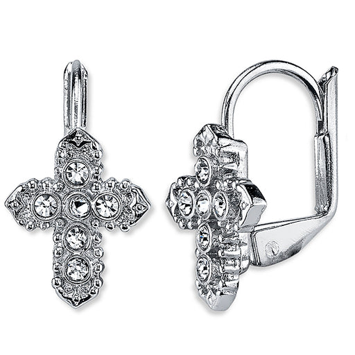 Silver-Tone Crystal Cross Leverback Earrings