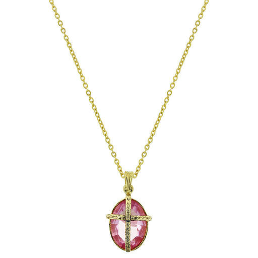 14K Gold-Dipped Light Pink Oval Stone Cross Necklace