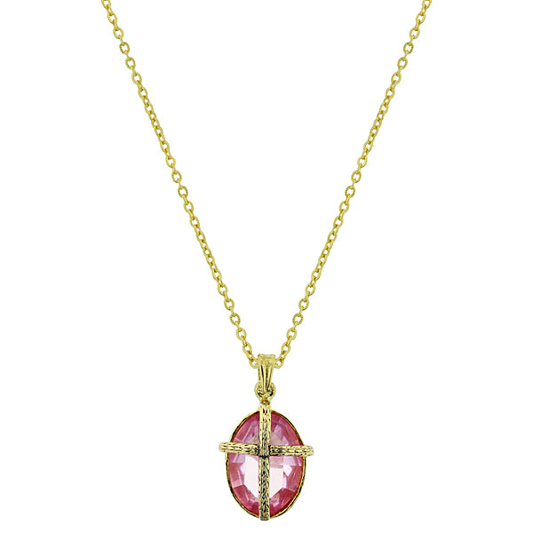 14K Gold-Dipped Light Pink Oval Stone Cross Necklace