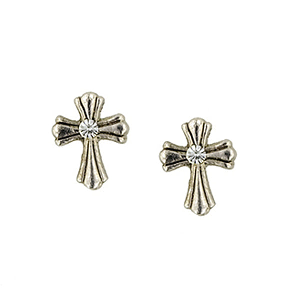 Silver-Tone Crystal Cross Stud Earrings