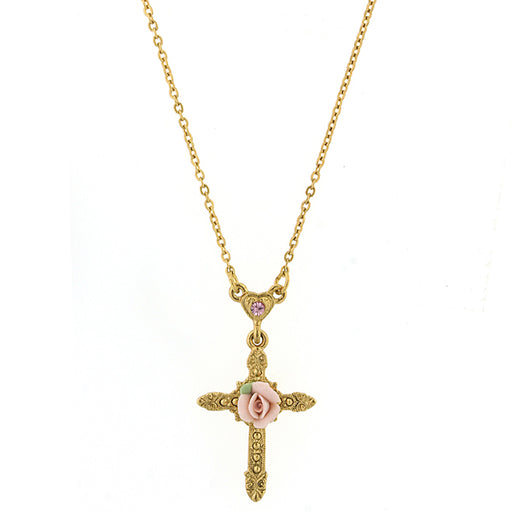 14K Gold-Dipped Crystal Pink Porcelain Rose Cross Necklace