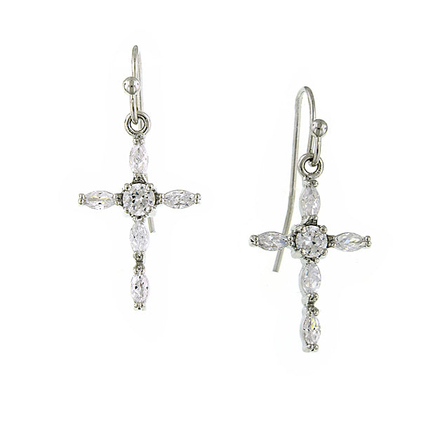 Silver-Tone Crystal Cross Drop Earrings