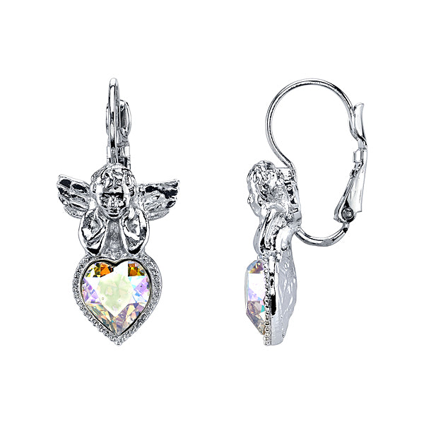 Silver-Tone Crystal AB Heart Angel Earrings