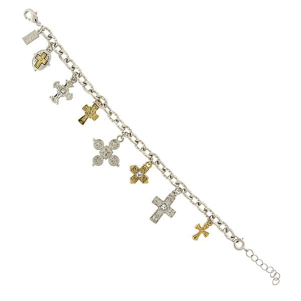 14K Gold-Dipped and Silver-Tone Seven Cross Charm Bracelet